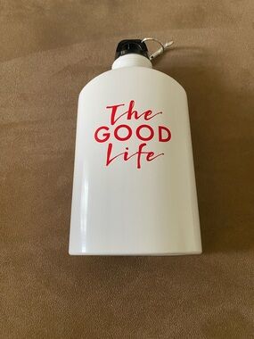 Trafalgar White Water Bottle with Red "The Good Life" Script 8” Tall